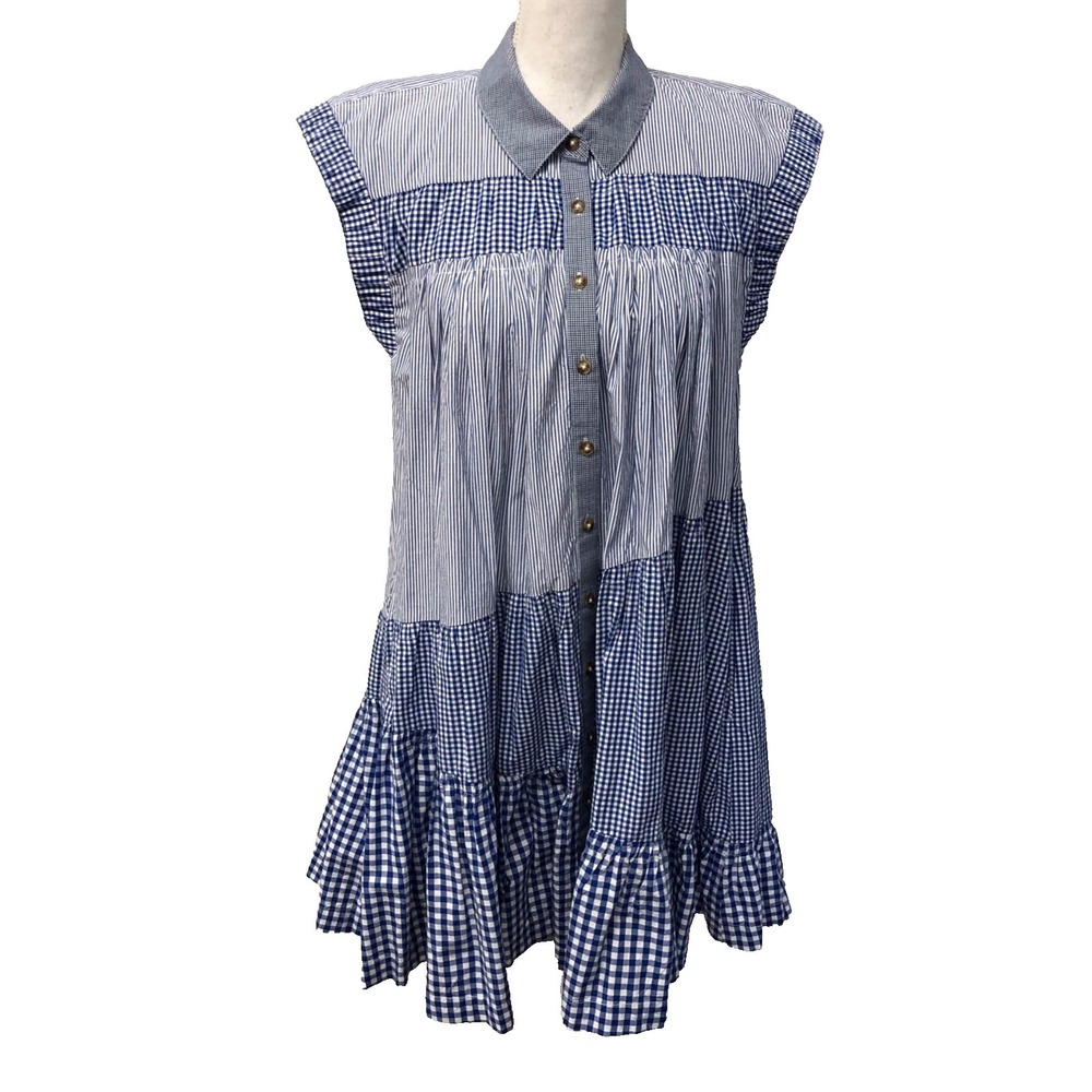 Pilcro Anthropologie Babydoll Mini Dress Womens Small Gingham‎ Plaid Blue Boho